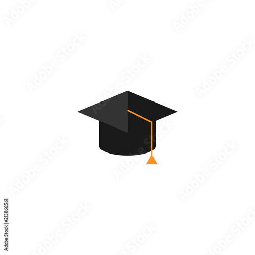 Graduation cap or mortar board icon with yellow tassel. Flat illustration isolated on white.