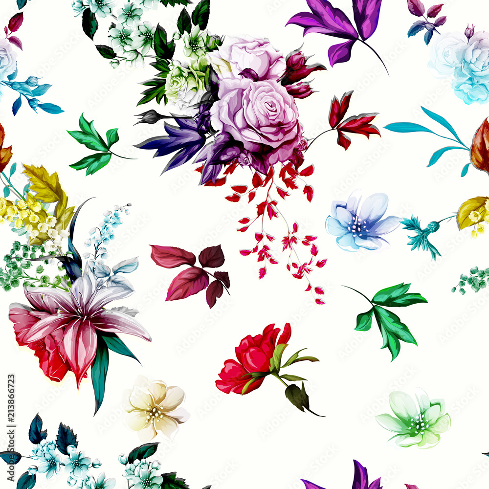 Seamless floral background pattern. Abstract wallpaper. Roses, lily of