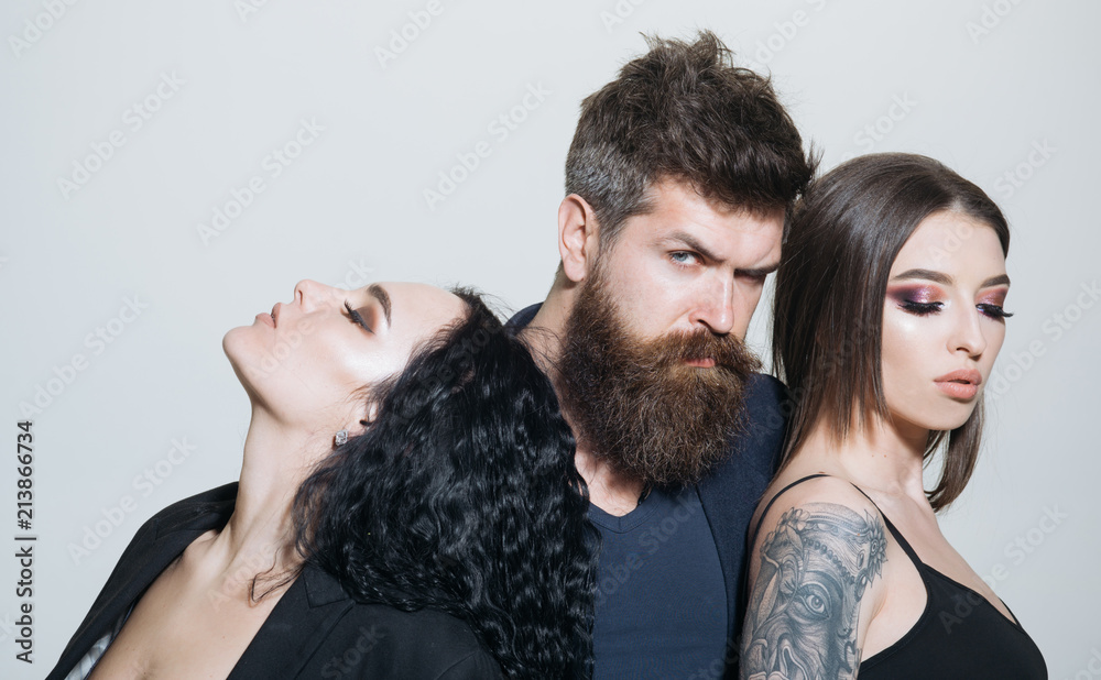 Hairstyle concept. People with fashion hairstyle. Bearded man and couple of  women with new hairstyles. Salon that gives you perfect hairstyle Stock  Photo | Adobe Stock