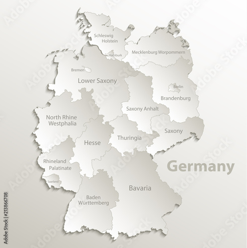 Germany map separate region individual names card paper 3D natural vector