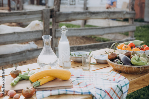 table vegetables milk wooden table rustic style