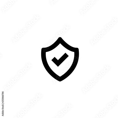 Black shield with tick sign. Vector flat icon isolated on white. security sign.