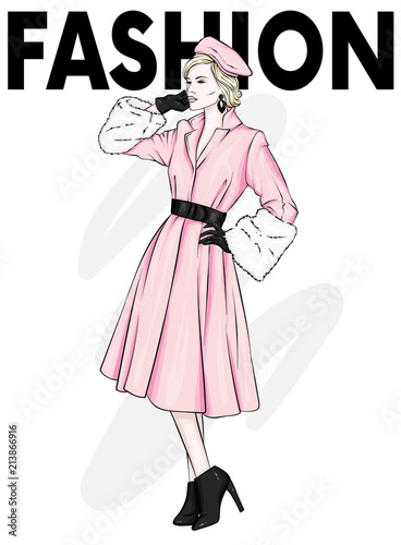 A tall slim girl in coats and boots. Vintage and retro  fashion and style. Fashionable look. Vector illustration.