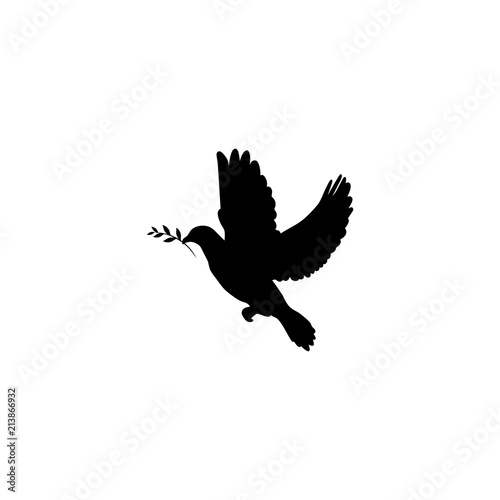 Black dove with olive sprig Icon isolated on white. Peace vector symbol. International Peace day sign.