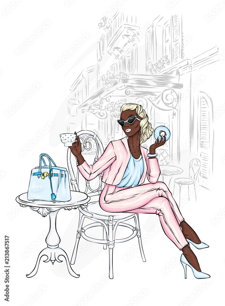A beautiful girl in pants and a jacket is sitting in a cafe. Vector illustration. Clothing and accessories, vintage and retro.

