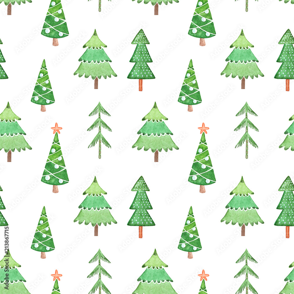 Seamless watercolor pattern from different green Christmas trees on winter holidays