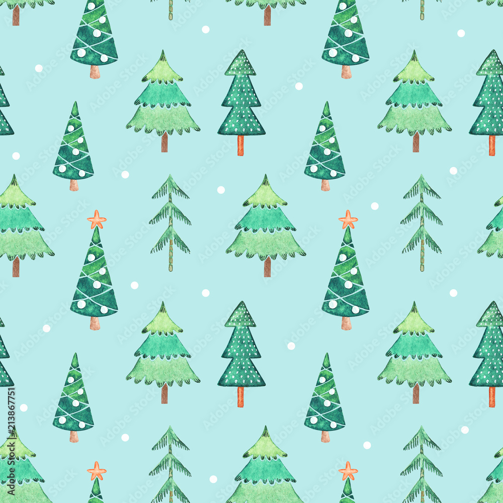 Seamless watercolor pattern from different green Christmas trees on winter holidays Seamless watercolor pattern from different green Christmas trees on winter holidays