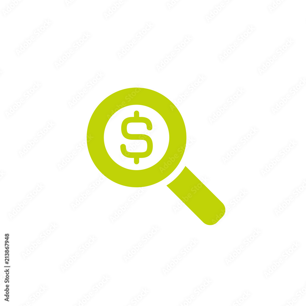 Vector Illustration of green magnifier glass with green dollar sign. Pictogram Isolated o white. Financial Vector Illustration of green magnifier glass with green dollar sign. Pictogram Isolated o white. Financial