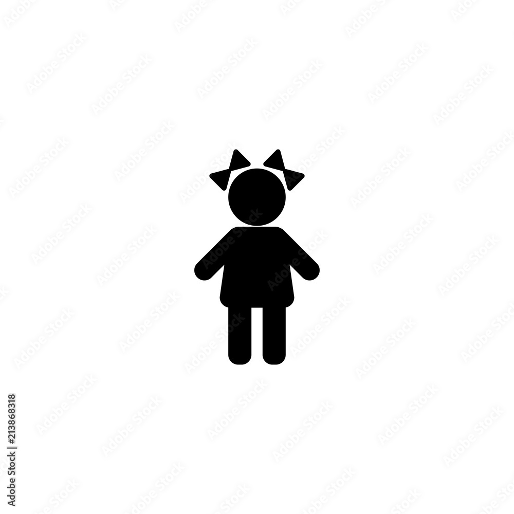 Black silhouette of little girl with bows. Child simple icon. Isolated on white. Preschooler sign. Female baby Black silhouette of little girl with bows. Child simple icon. Isolated on white. Preschooler sign. Female baby