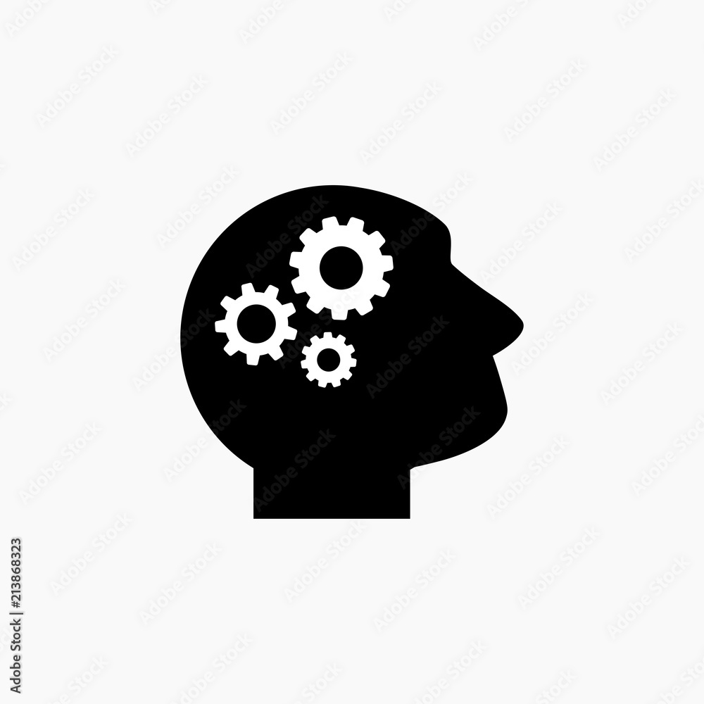 Black man's head with white gears vector pictogram. Black man's head with white gears vector pictogram.