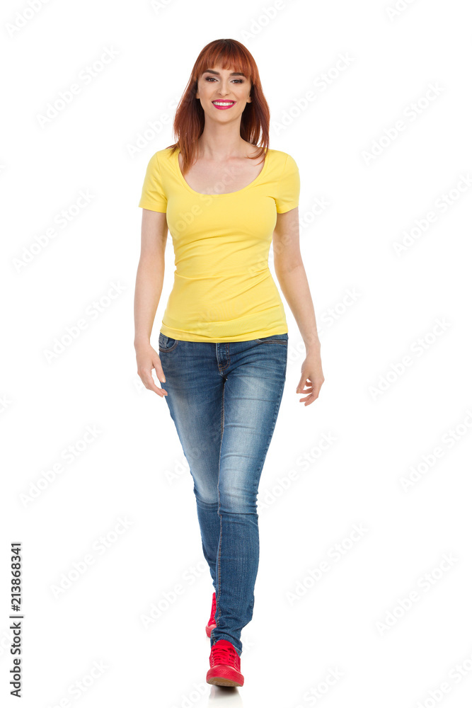 Walking Young Smiling Woman. Front View. Walking Young Smiling Woman. Front View.