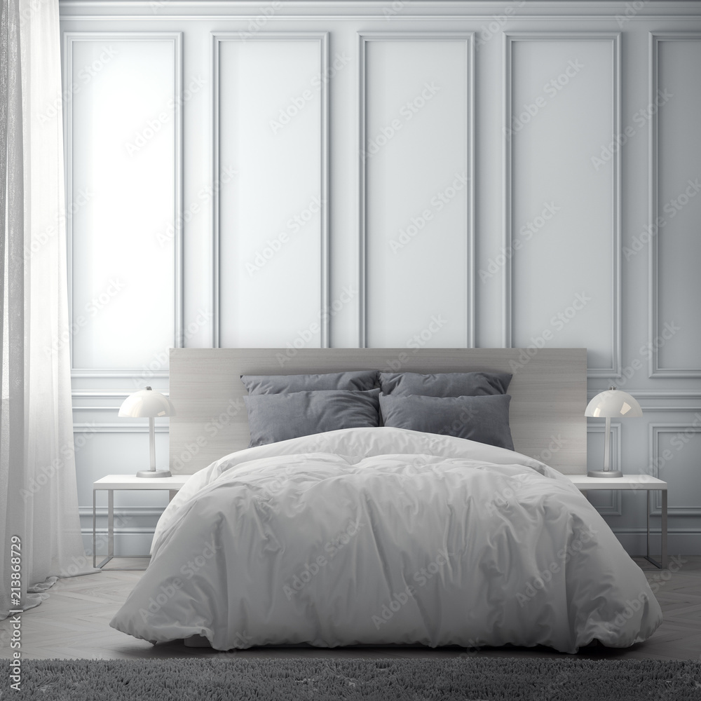 Interior of bedroom with classic wall, 3D Rendering Interior of bedroom with classic wall, 3D Rendering