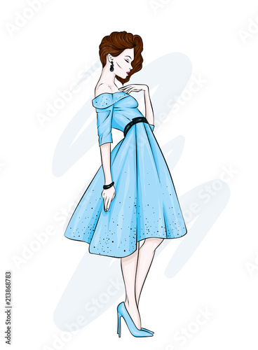 A girl in a beautiful vintage dress. Vector illustration. Clothing and accessories, vintage and retro. 