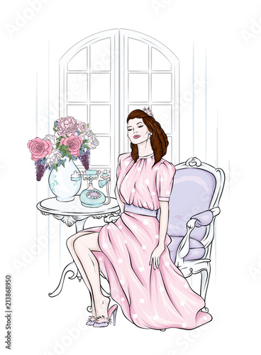 Beautiful girl in a vintage dress sits in an antique chair. Fashion and style, vintage and retro. Vector illustration.
