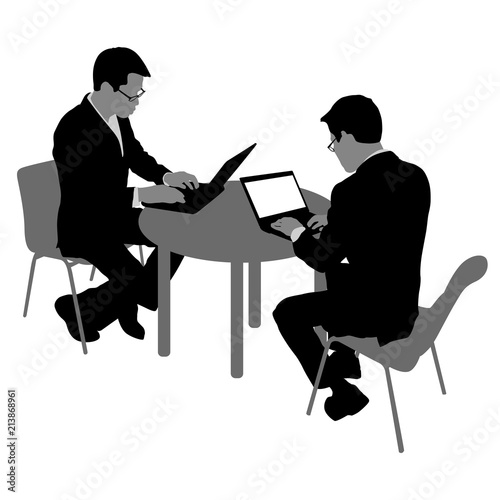 Black silhouette two men sitting behind computer, on a white background