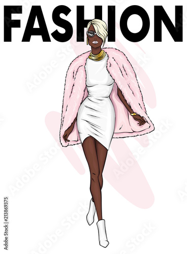 Beautiful tall girl in a fur coat and dress. Stylish clothes and accessories. Fashionable woman. Vector illustration. Fashion & Style. Fashion look.
