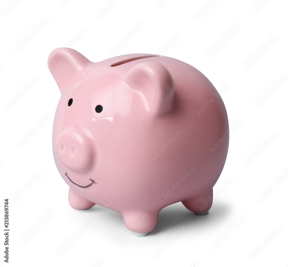 Pink piggy bank on gray background. Money saving