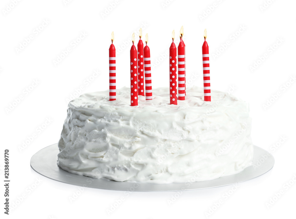 Birthday cake with candles on white background Stock Photo | Adobe Stock