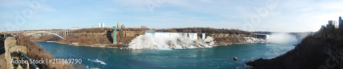 Niagara Falls panorama including Rainbow Bridge, American Falls and Horseshoe Falls from left to right, Niagara Falls, New York State, USA.