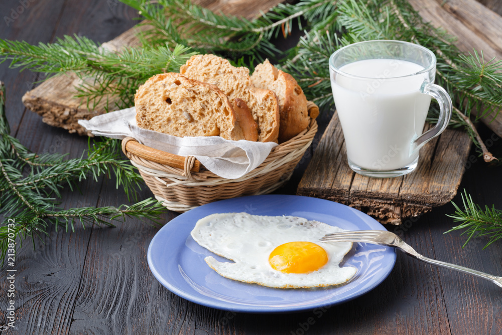 Fried eggs with toasts and drink, traditional breakfast Fried eggs with toasts and drink, traditional breakfast
