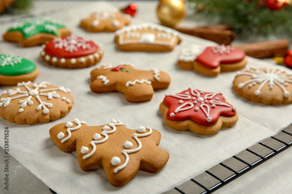 Tasty homemade Christmas cookies on parchment paper