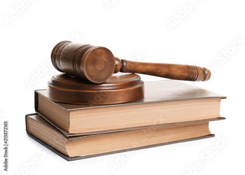 Wooden gavel and books on white background. Law concept