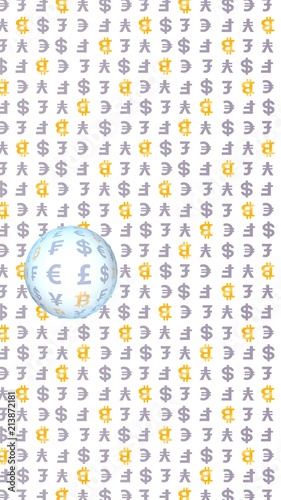 Bitcoin and currency on a white background. Digital crypto symbol. Currency bubble, wave effect, market fluctuations. Business concept. 3D illustration