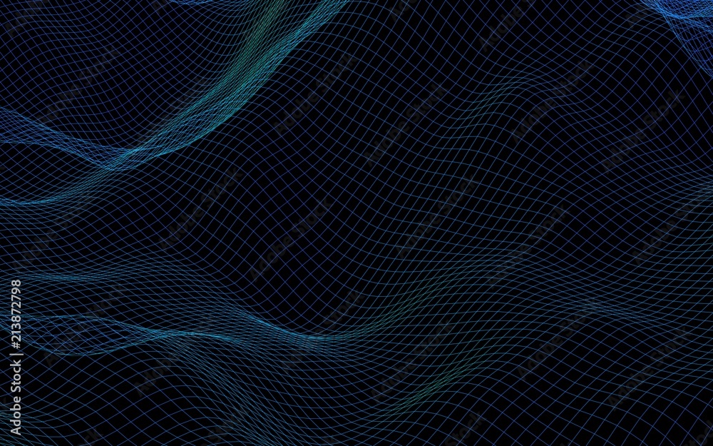 Abstract landscape on a dark background. Cyberspace navy blue grid. Hi-tech network. 3D illustration