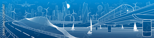 City infrastructure industrial and transport illustration panorama. Train travels along  railway bridge over river. Automobile road in mountains. White lines on blue background. Vector design art