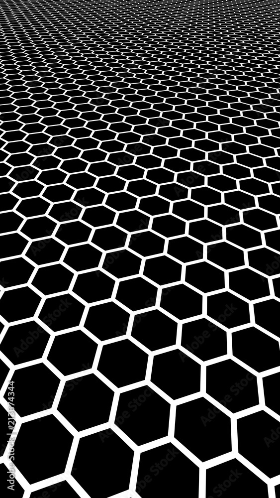 White honeycomb on a black background. Perspective view on polygon look like honeycomb. Isometric geometry. Vertical image orientation. 3D illustration White honeycomb on a black background. Perspective view on polygon look like honeycomb. Isometric geometry. Vertical image orientation. 3D illustration