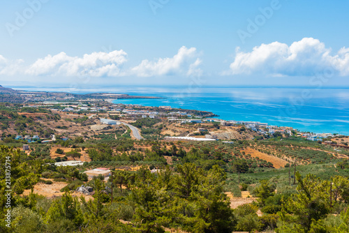Makrigialos yet unexploited east end unique skyline aerial view, south east Crete Greece. Popular Mediterranean travel destination vacation resort, secluded beaches, clear turquoise ocean waters.