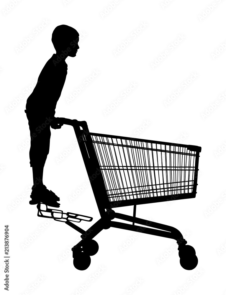Happy boy playing with empty shopping cart in supermarket vector silhouette isolated. Kid fun skating transportation in mall. Son riding and enjoy. Family kidding. Happy boy playing with empty shopping cart in supermarket vector silhouette isolated. Kid fun skating transportation in mall. Son riding and enjoy. Family kidding.