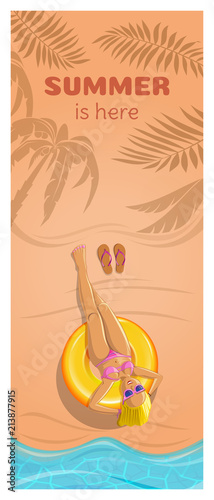 Vertical summer card with a cute blonde girl. Young woman sunbathing on the beach by the sea. Summer is here. Vector illustration