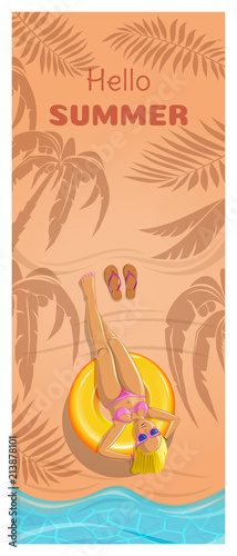 Vertical summer card with a cute blonde girl. Young woman sunbathing on the beach by the sea. Hello Summer. Vector illustration