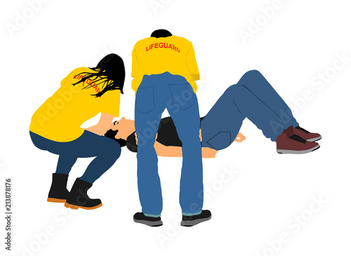 Paramedic rescue team saving patient life. Lifeguard first aid vector. Man in unconscious drowning. Drunk person overdose. Sneak attack victim rescue. Victim of fire or earthquake evacuation on safely