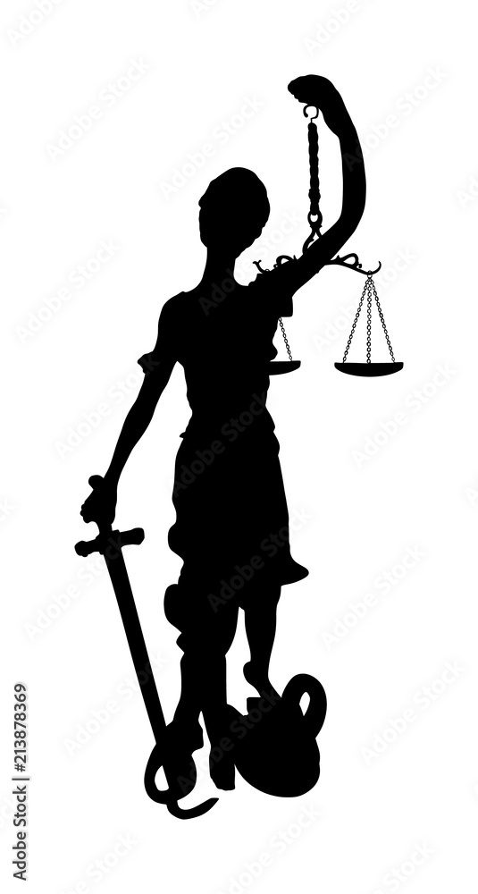 Statue of Justice symbol vector silhouette isolated on white background, legal law. Justitia the