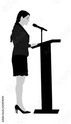 Public speaker standing on podium vector illustration isolated on white. Politician woman opening meeting ceremony event. Business woman speaking with public. Talking on microphone.