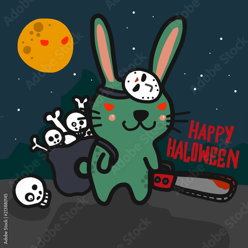 Fototapeta Naklejka Na Ścianę i Meble -  Happy Halloween zombie rabbit cartoon doodle vector illustration