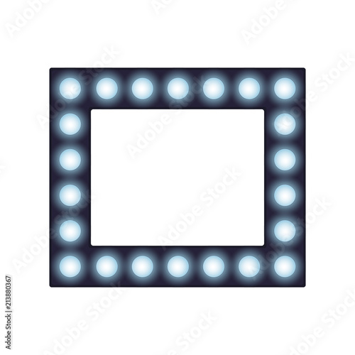 Square frame with lamps, place for text or photo with lighting bulbs, decorative glowing bounding box and border, vector illustration
