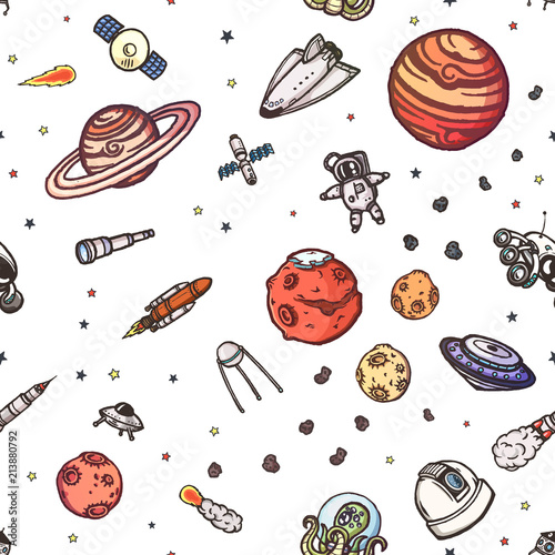 Hand drawn astronomy doodle seamless pattern.