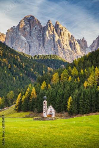 Church of St. Johann of Nepomuk with Odle Group in the Dolomites, South Tyrol, Italy