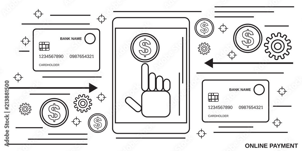 Online payment, money transfer, financial transaction thin line art style vector concept Online payment, money transfer, financial transaction thin line art style vector concept