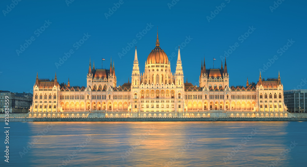 Parliament building in Budapest, Hungary in evening lights