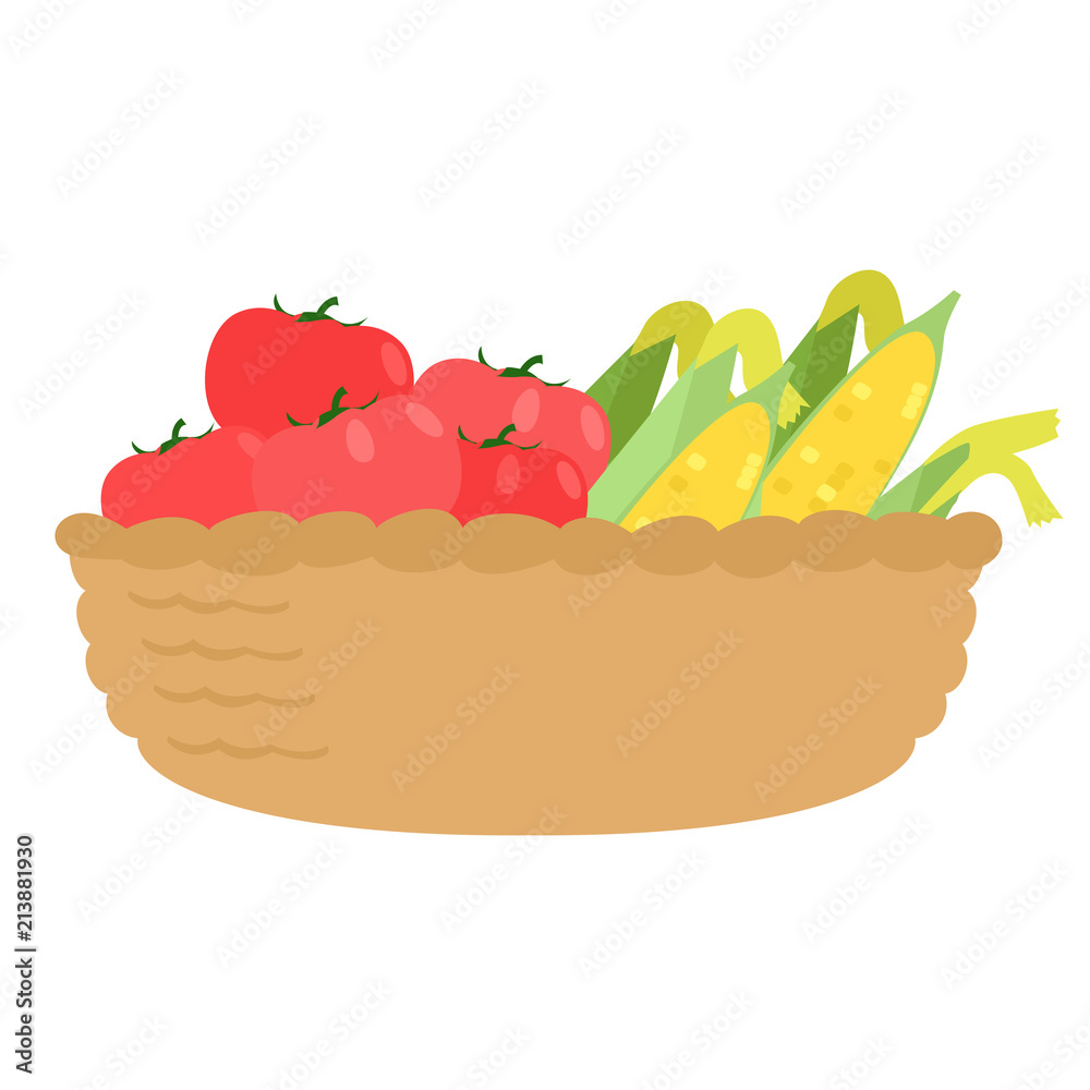 夏野菜のトウモロコシとトマトが入った籠のイラスト Stock Vector Adobe Stock