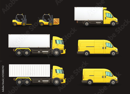 Set of delivery and transportation vehicles
