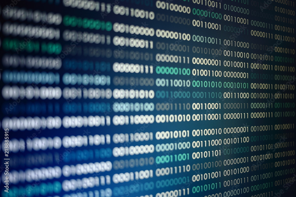 blocks of binary data. Blockchain concept. blue background with computer digital binary code bit number one and zero text. selective focus on the far end of the computer display out of focus in front. blocks of binary data. Blockchain concept. blue background with computer digital binary code bit number one and zero text. selective focus on the far end of the computer display out of focus in front.