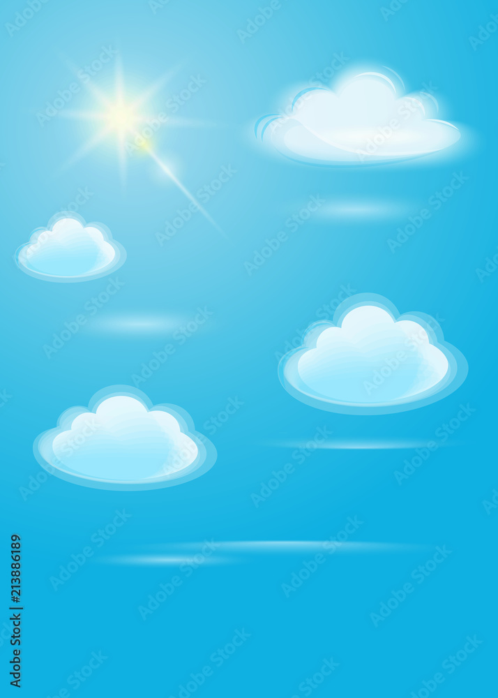 Translucent white clouds and bright sun on a blue sky background. Sunlight special lens flare light effect in clear blue sky. Vector illustration Translucent white clouds and bright sun on a blue sky background. Sunlight special lens flare light effect in clear blue sky. Vector illustration