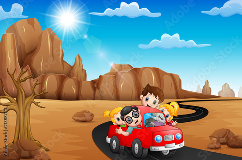Happy family traveling by red car