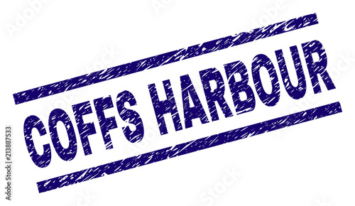 COFFS HARBOUR stamp seal watermark with distress style. Blue vector rubber print of COFFS HARBOUR text with unclean texture. Text tag is placed between parallel lines.