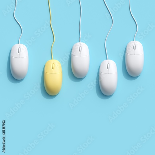 Outstanding yellow computer mouse among white computer mouse on blue background. minimal idea concept. flat lay.